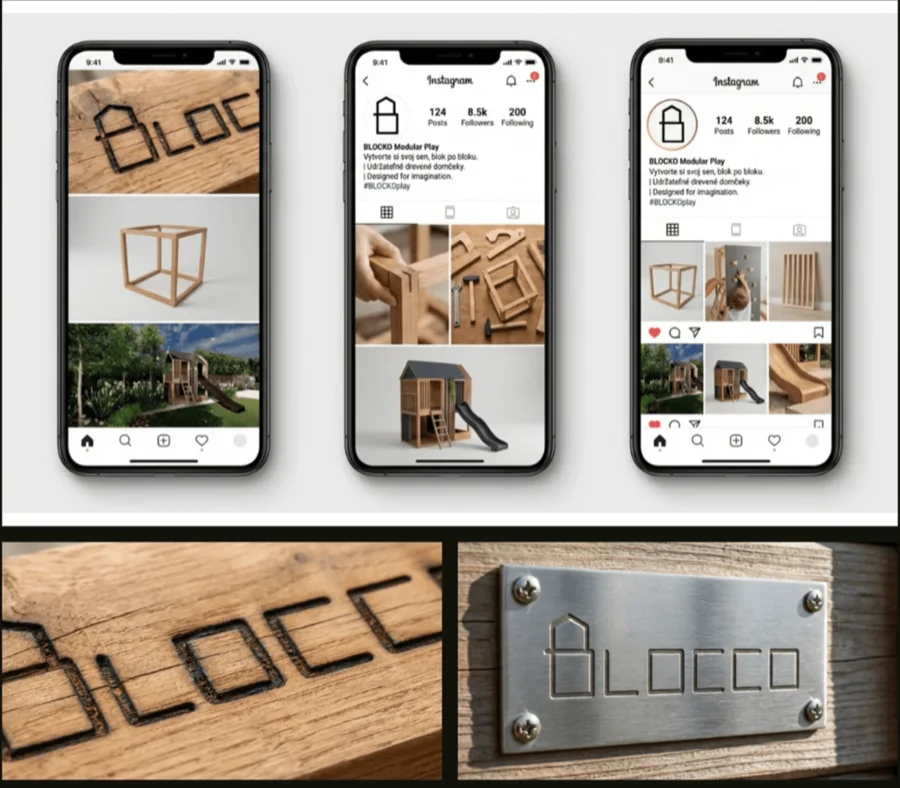 Blocco, branding a vizuálna identita, logo vypálené do dreva